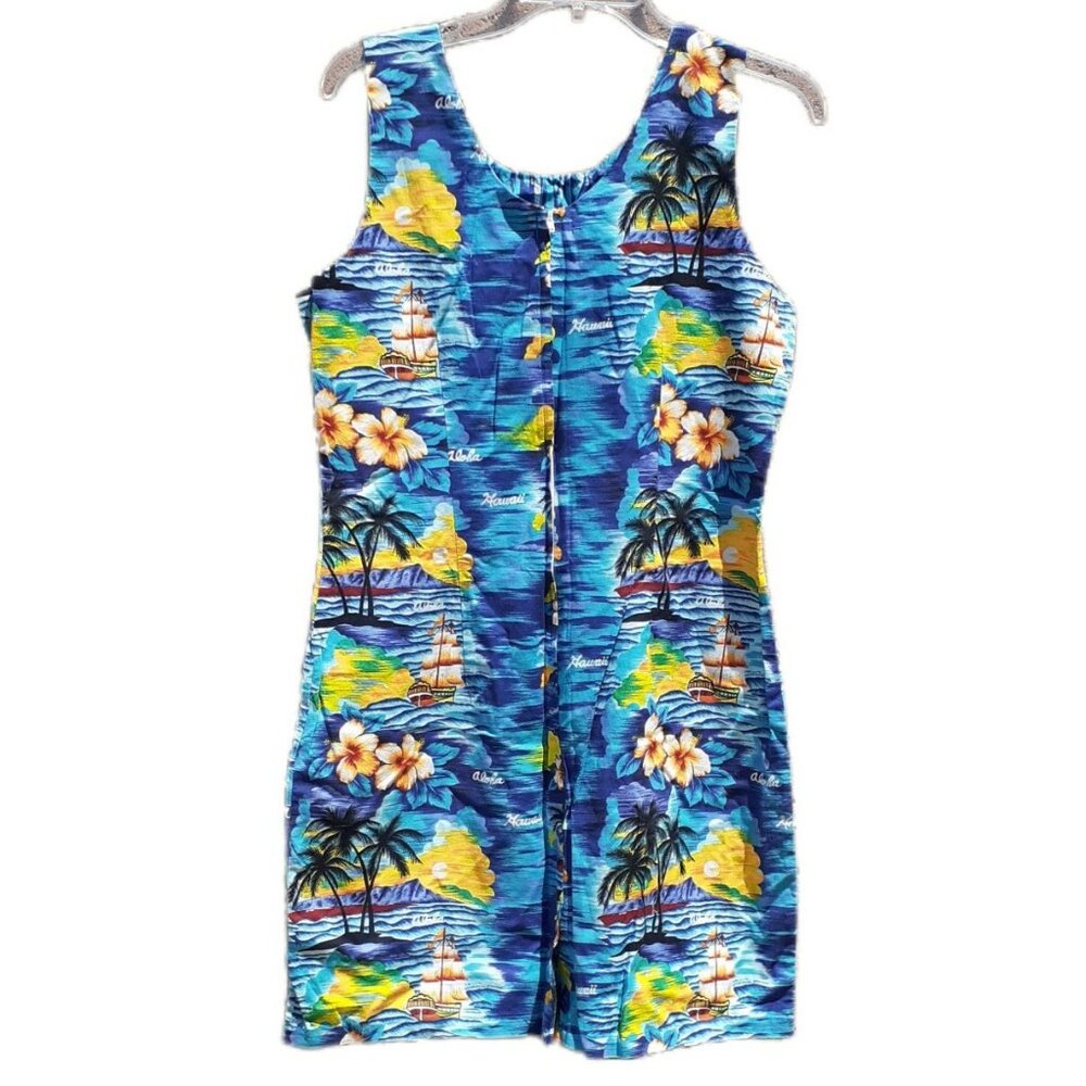 VTG Ky's Hawaiian Shift Dress Made Hawaii USA Sailboats Hibiscus Blue XL Aloha - Picture 3 of 5